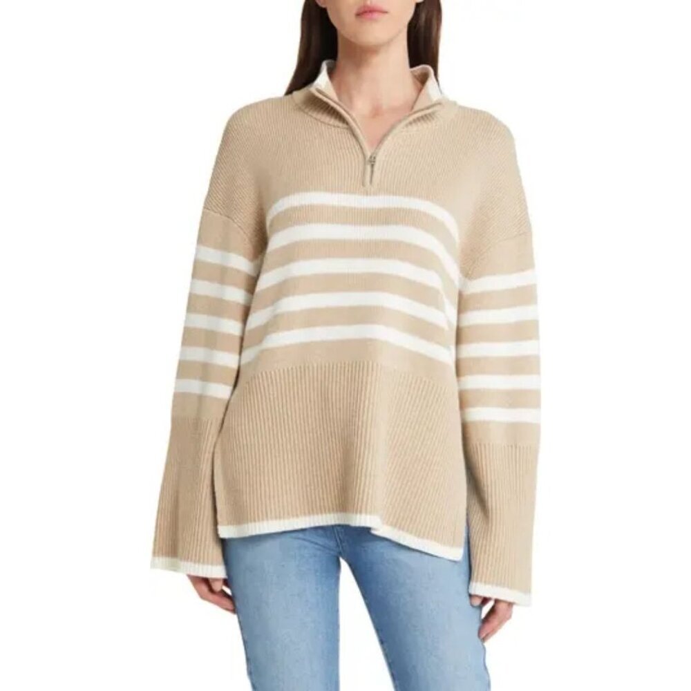 NWT RAILS Tessa Sand Stripe Merino Wool Cotton Quarter Zip Pullover Sweater M